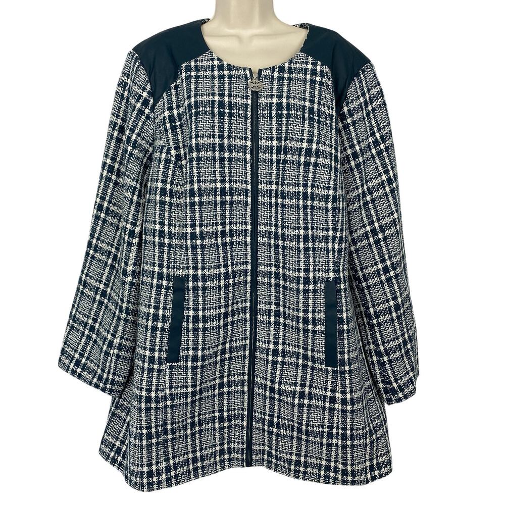 Dennis Basso Jacket Womens 26W Blue White Tweed Faux Leather Trim Metallic Coat